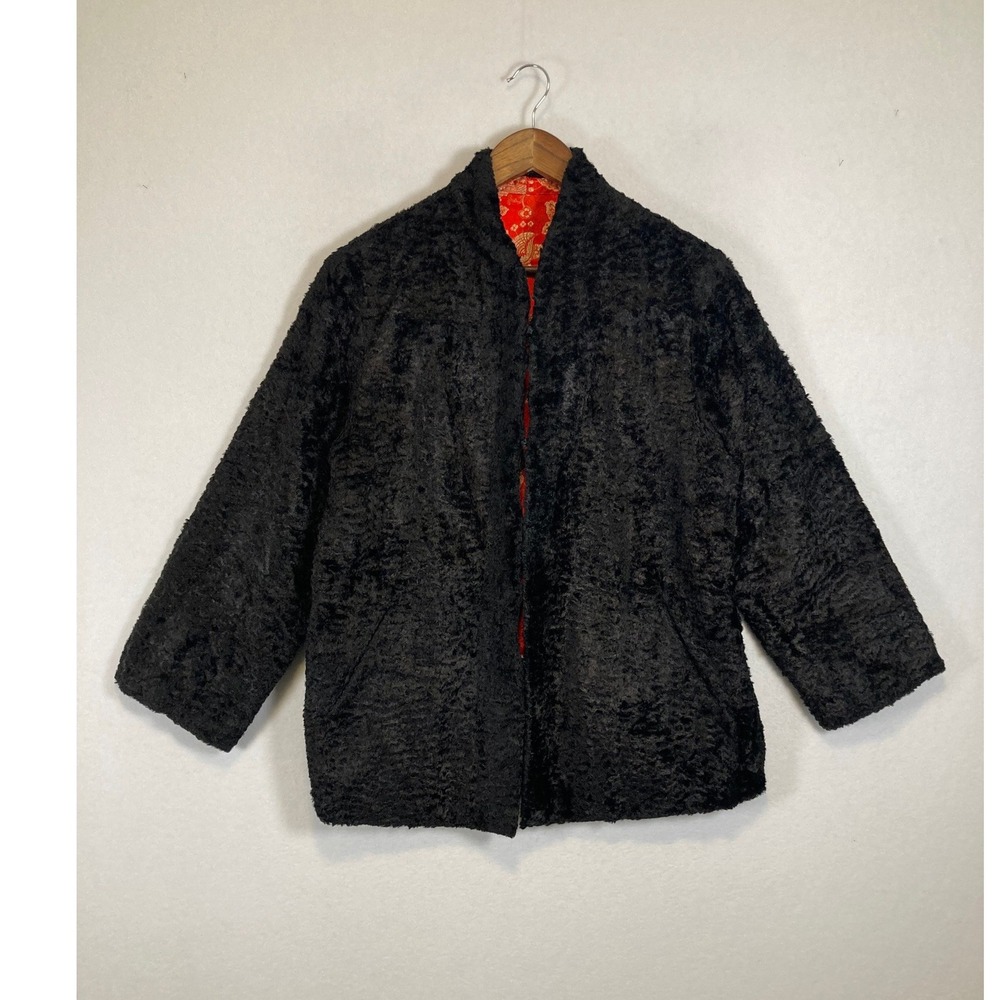 Vintage 1950s Lucky Fu Chi Women L Black Faux Persian Lamb Fur‎ Brocade Coat